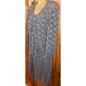 Alex Evening Beige, Blue and Cream Dress and Jacket with Sequins Size 14W